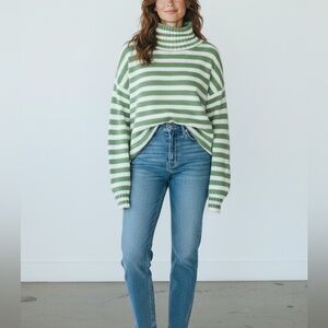 Floor Clothing green white stripe Wool Blend Funnel Neck Sweater Sz S